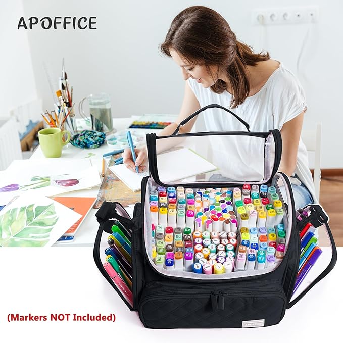 Large Marker Organizer Case Holds 150-200 Markers | Art Marker Storage Bag with Removable Dividers & Clear Top for Artists, Crafters & Travel - Pen, Pencil Alcohol Marker Holder - Art Supply