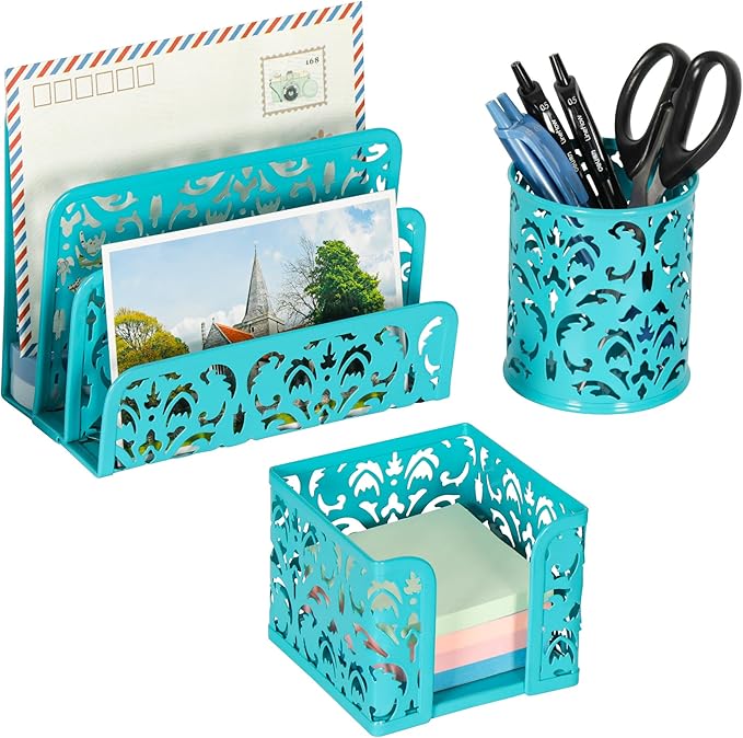 EasyPAG Desk Organizers and Accessories 3 Pieces Office Organizer Set - Pen Holder for Desk, Mail Sorter Countertop and Sticky Note Holder, Dark Teal