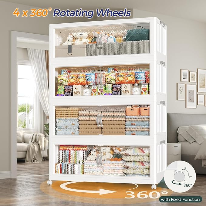 480QT Extra Large Stackable Storage Bins with Lid, 120Gal Plastic Closet Organizers and Storage Drawer, Collapsible Cabinet Box with Wheels Clear Doors for Home Kitchen Office, 3Pack White