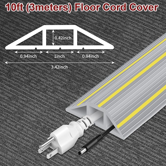 Floor Cord Cover 10 ft, Extension Cord Covers for Wires on Floor, Outdoor Cable Cover Protector Heavy Duty PVC Duct Cord Hider Floor 3 Channels Cable Management, Gray