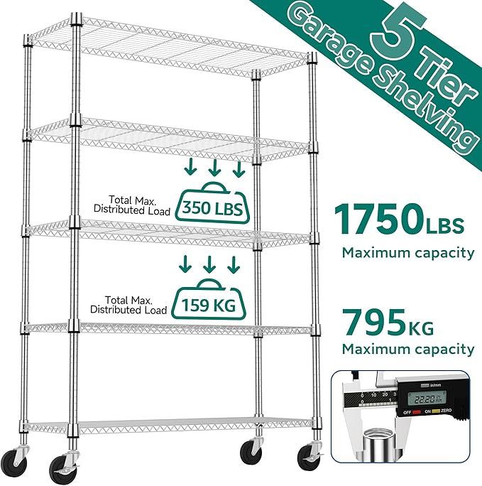 5 Tiers Shelf 1750 lbs Steel Storage Shelving Utility Shelving Unit Steel Organizer Wire Rack for Home,Kitchen,Office,Garage Chrome 17.7" D x 47.2" W x 76.8" H