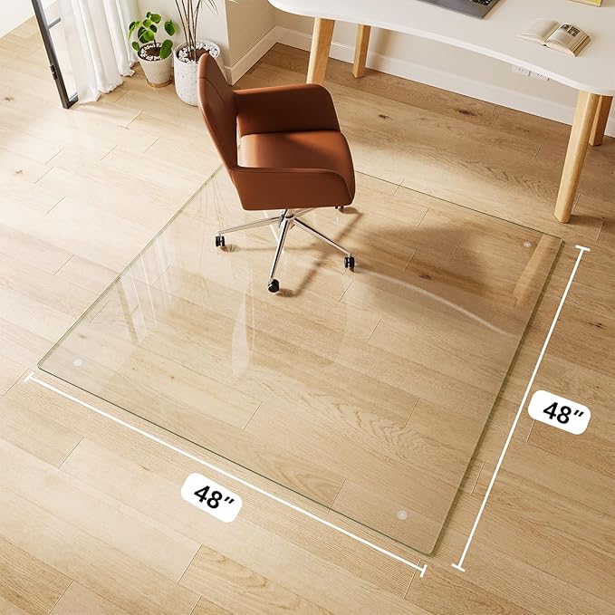 FlyEcho Glass Chair Mat 48" x 48" Heavy Duty Tempered Glass Office Chair Mat, Glass Floor Mat with Round Corner and Polished Edge for Smooth Glide, Carpet Hardwood Floor Protector