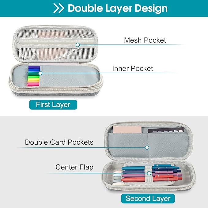 ProCase Pen Pencil Case, 2-Layer EVA Zipper Pencil Box Pouch Large Capacity Stationery Storage Organizer for School Office Supplies -Grey