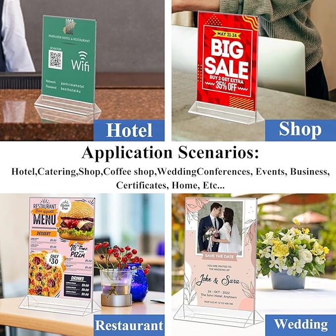 Seencool 4x6 Sign Holder - 12 Pack Small Sign Holder Acrylic Display Stand, Clear Plastic Picture Frame Paper Holder, Double Sided Table Menu Transparent Stand for Office, Home, Restaurant, Wedding