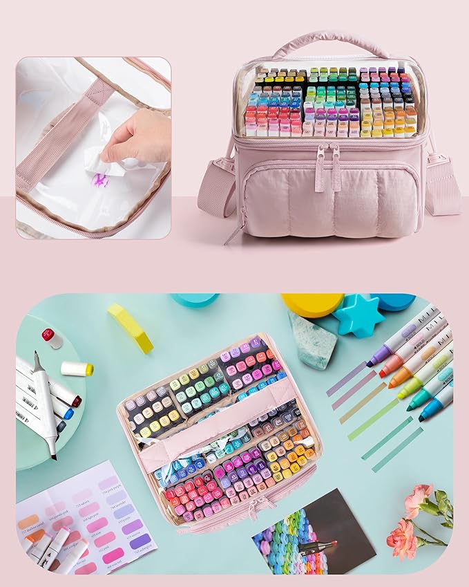 Quilted Marker Organizer Case Holds 180 Markers, Marker Storage Organizer Bag with Dividers and Multiple Pockets (Bag Only), Pink
