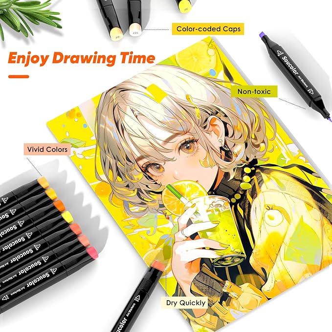 Soucolor Alcohol Markers Set, 60 Colors Dual Tip Art Alcohol Markers for Adults Coloring Drawing Sketching Book Painting Card Making Illustration