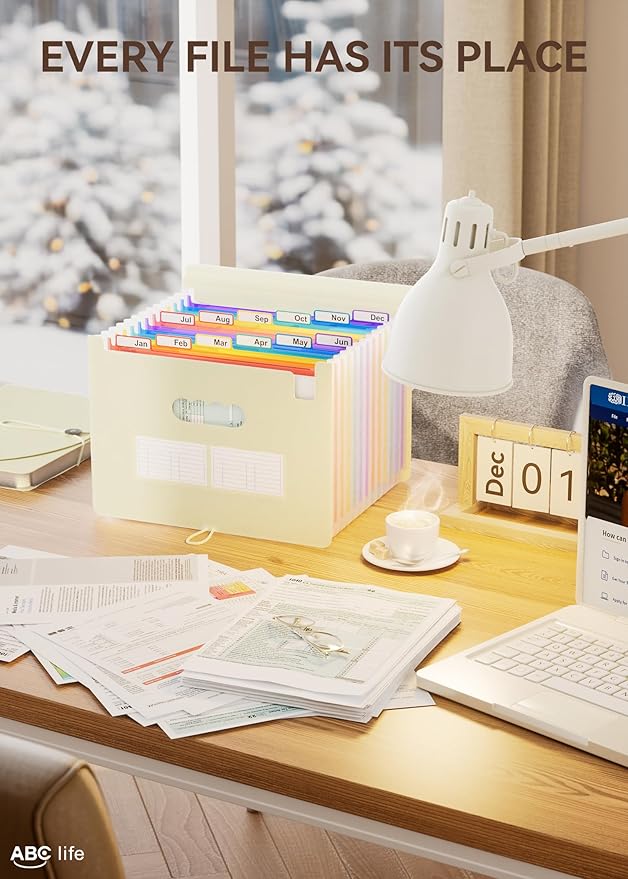 ABC life 12-Pocket Expandable Accordion File Organizer for Monthly Bills & Receipts - Portable A4/Letter Size Document Holder with Colored Tabs - Ideal for Home, Office & Travel Folder- Beige Color