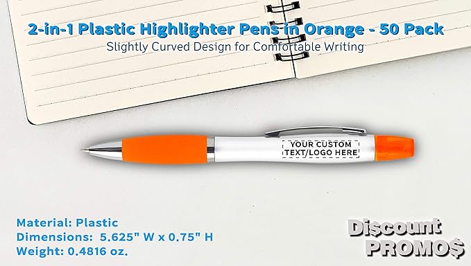 DISCOUNT PROMOS Personalized Plastic Highlighter Pens - 50 pack - Customizable Text, Logo - Orange