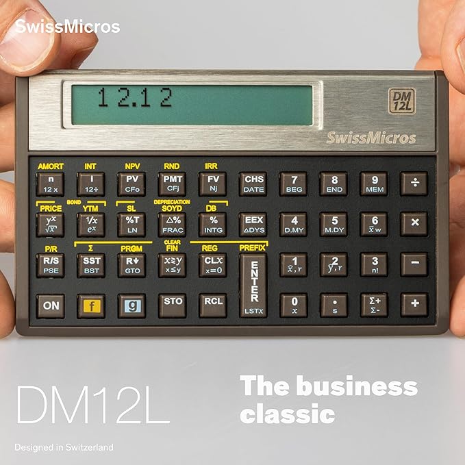 SwissMicros DM12L RPN Financial Calculator – HP 12C Inspired | Titanium Shell | TVM, NPV, IRR & Bonds | USB | Professional Gold Class