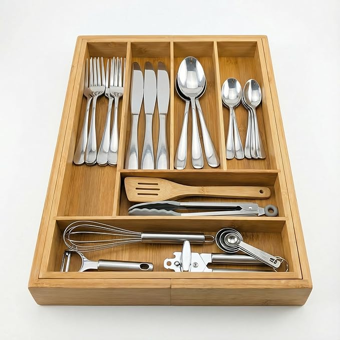 Culinary Edge Expandable Bamboo Drawer Organizer, Adjustable 6-Slot Cutlery Tray for Silverware & Kitchen Utensils, Natural Bamboo Drawer Divider for Flatware and Gadget Storage