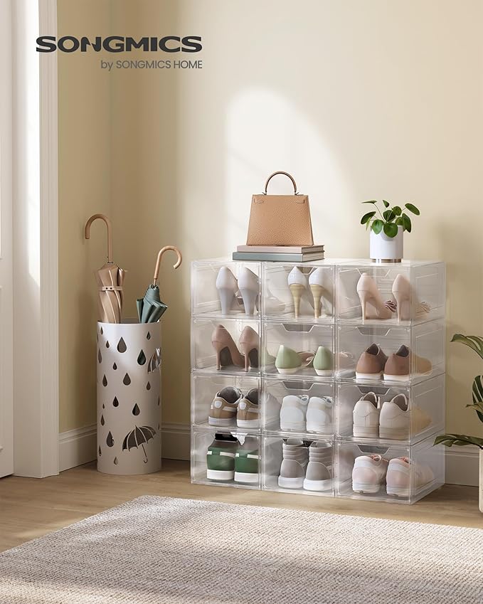 SONGMICS Shoe Boxes, Clear Shoe Organizers, Set of 12, Plastic Shoe Storage with Clear Door, Easy Assembly, up to US Size 13, Transparent White ULSP032W12