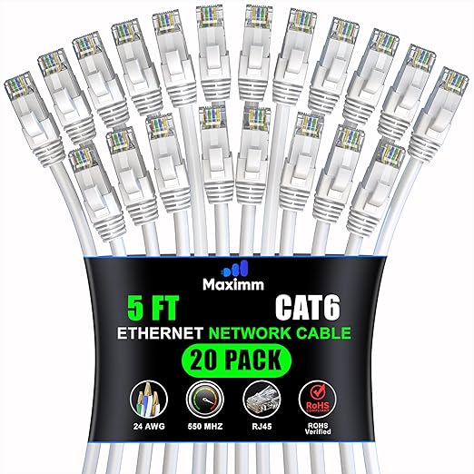 Maximm Cat 6 Ethernet Cable 5 ft (20-Pack) - High-Speed LAN Cable, Internet Cable, Patch Cable, and Network Cable - UTP, 10Gbps, 550MHz Ethernet Cord - White