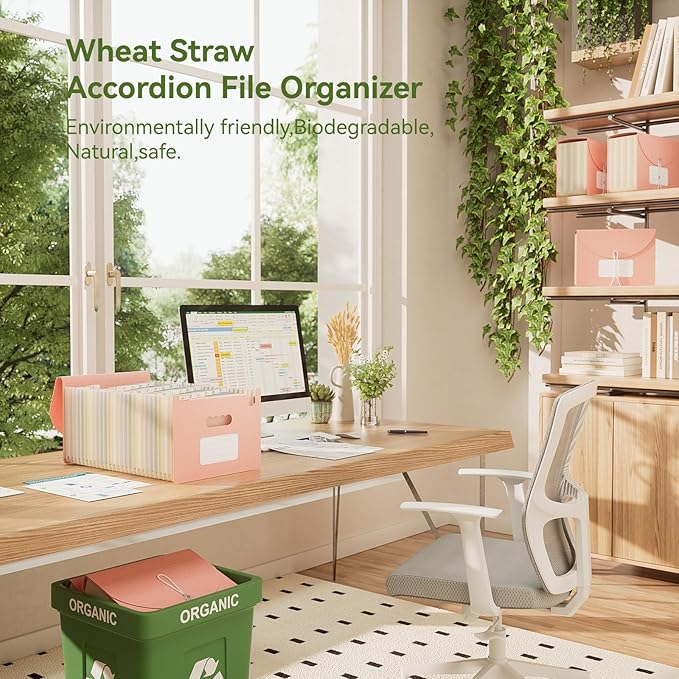 Accordion File Organizer, 26 Pockets Wheat Straw Expanding File Folder, Monthly Bill Receipt Organizer,A-Z Tabs,100% BPA Free,Return to Nature Healthy Living,Letter/A4 Size - Strawberry Pink
