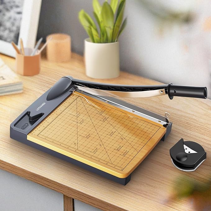 12'' Wood Guillotine Paper Cutter, Heavy Duty Wood Base Paper Trimmer with 16 Sheets Capacity Paper Cutting Board for Classroom, Crafting, Cardstock, Art Projects