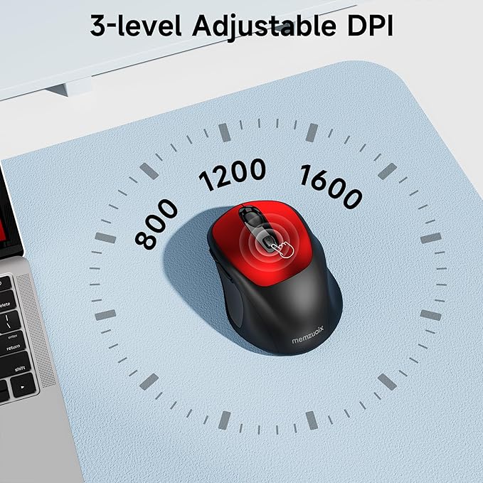 memzuoix Wireless Mouse, 2.4GHz Nano Receiver, 3 DPI Levels (800/1200/1600), 6 Buttons, Compatible with PC/Mac/Laptop - Red