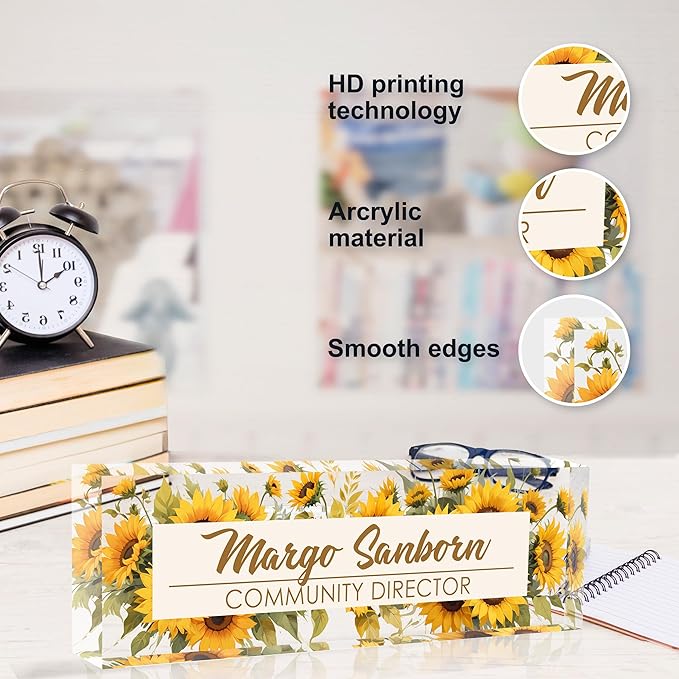 Personalized Office Name Plate, Custom Name Plate for Desks, Office Desk Decorations Gift for Women Men, Acrylic Desk Name Plate for Teacher Coworkers Staff Boss (Sunflower)
