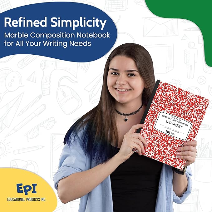 EPI 12 Pack - Red Marble Composition Notebook - Wide Ruled 200 Page Note Book - 9.75 x 7.5 Inch Hardcover Journal with Sewn Binding for Secure Pages - Classroom Back To School Supplies