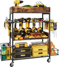 Dunatou Power Tool Organizer Cart Heavy Duty 4 Tier Rolling Tool Cart Garage Storage with Drill Rack Shelf Open Tool Chest Organizer with Wheels Workshop and Garage Ideas for Men or Dad (Rustic Brown)