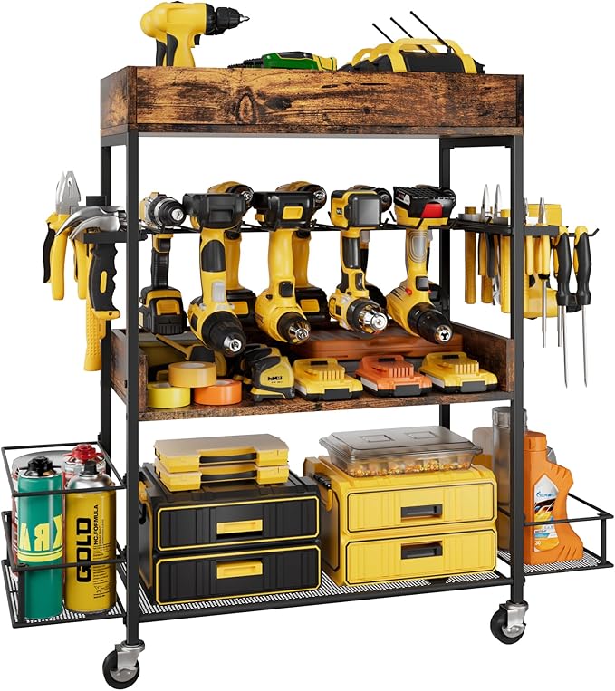 Dunatou Power Tool Organizer Cart Heavy Duty 4 Tier Rolling Tool Cart Garage Storage with Drill Rack Shelf Open Tool Chest Organizer with Wheels Workshop and Garage Ideas for Men or Dad (Rustic Brown)