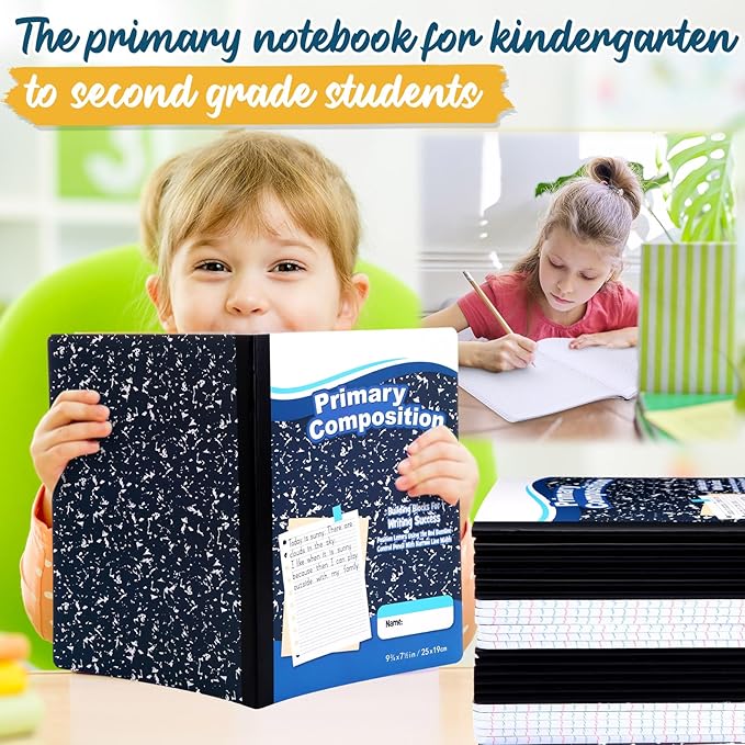 Watersay 30 Pack Primary Ruled Composition Notebook, Grade K-2 Journal 50 Sheets, 7-1/2" x 9-3/4" Primary Composition Book Writing Notebook for Kids Kindergarten Preschool 1st 2nd Grad (Blue)