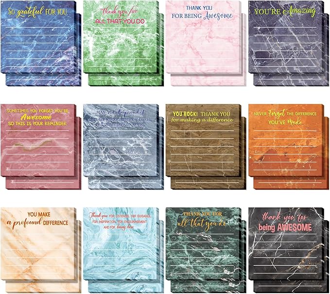 Yinder 24 Pcs Employee Appreciation Sticky Notes New Year Gift Bulk Motivation Sticky Note Pads Inspirational Gift for Teacher Nurse Staff Coworker Office Supply 3 x 3'' (Appreciation,Marble)