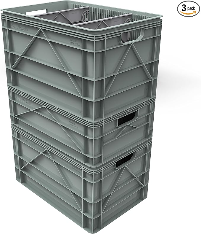 SIDIO Crate Basic Pack - 2 Full-Size & 1 Half-Size Heavy Duty Stackable Storage Bins, Totes, Containers with Dividers - Durable Plastic Organizer for Home, Office, Garage, and Outdoor Use, Aircraft