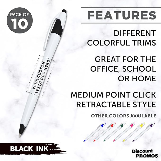 DISCOUNT PROMOS Custom Slim Curvy Ballpoint Pens Set of 10, Personalized Bulk Pack - Black Ink, Retractable, Great for Office, School, Tradeshows - Black