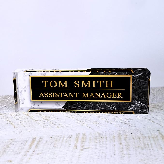 Artblox Personalized Office Desk Name Plate and Business Card Holder | Clear Acrylic Glass with Teak Wood Stand | Black White Marble Design Customized with Your Name and Credentials Office Desk Decor
