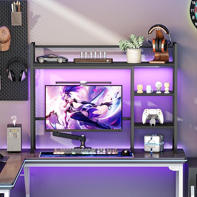 Snughome Desk Shelf with LED Strip, 38.6" Desktop Organizer Shelf, Desk Hutch for Computer Monitor, 4 Tier Desk Display Rack, Wood Desktop Bookshelf Storage Rack for Home Office Dorm