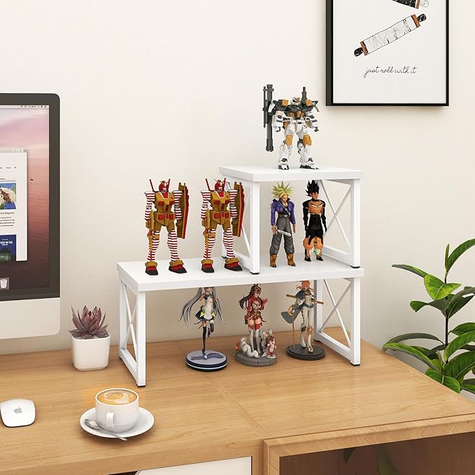 ELITEROO Wood Desktop Shelf, Freestanding Small Bookshelf Dorm Supplies Organizers, 2 Tier Independent Stackable Desk Stand, Adjustable Storage Organizer, Kitchen Counter Display Rack, White