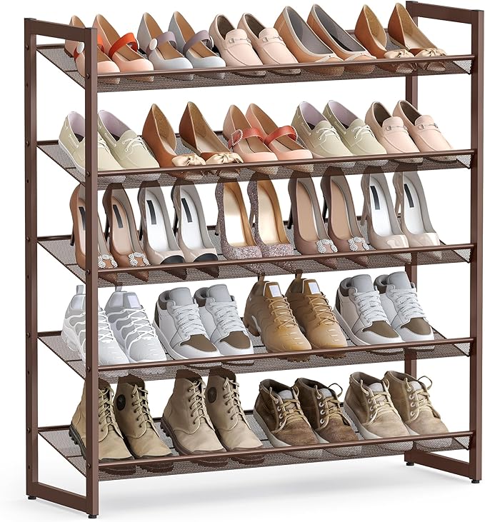 SONGMICS Shoe Rack, 5-Tier Shoe Organizer, Metal Shoe Storage for Garage, Stackable Shoe Shelf, with Adjustable Flat or Angled Shelves, 20-25 Pairs, Bronze ULMR05A