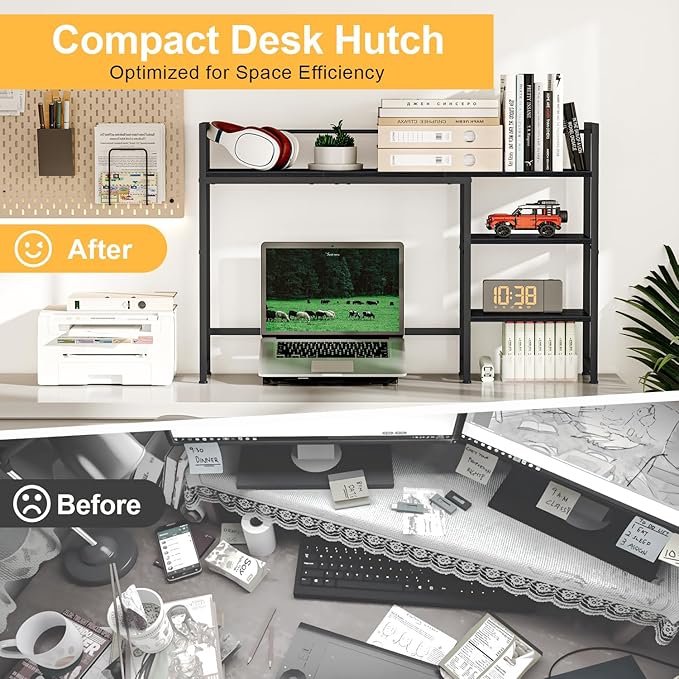 Snughome Desk Shelf, 44.9" Large Desktop Organizer Shelf, Desk Hutch for Monitor, 4 Tier Display Rack, Wooden Desktop Bookshelf Storage Rack for Home Office Dorm