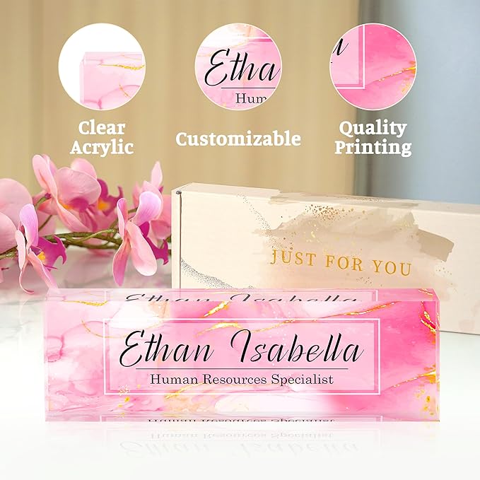 Custom Name Plate for Office - Personalized Desk Decor, Employee Appreciation Gifts - Pink Marble