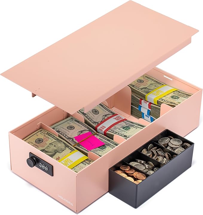 Volcora Cash Box Money Organizer - 15” x 7.5” x 4” Cashbox 5 Compartments Drawer Tray - Bills and Coin Slot with Combination Lock for POS Register, Kiosk, Retail, Personal and Business Use, Pink