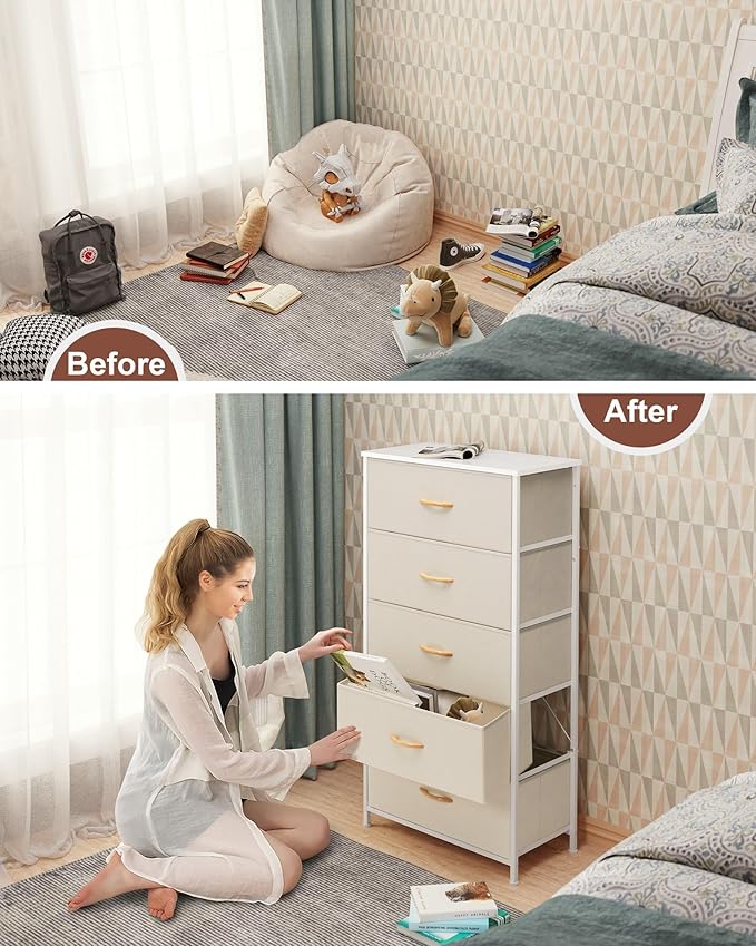 Crestlive Products Vertical Dresser Storage Tower - Sturdy Steel Frame, Wood Top, Easy Pull Fabric Bins - Wide Organizer Unit for Bedroom, Hallway, Entryway, Closets - 5 Drawers(Beige)