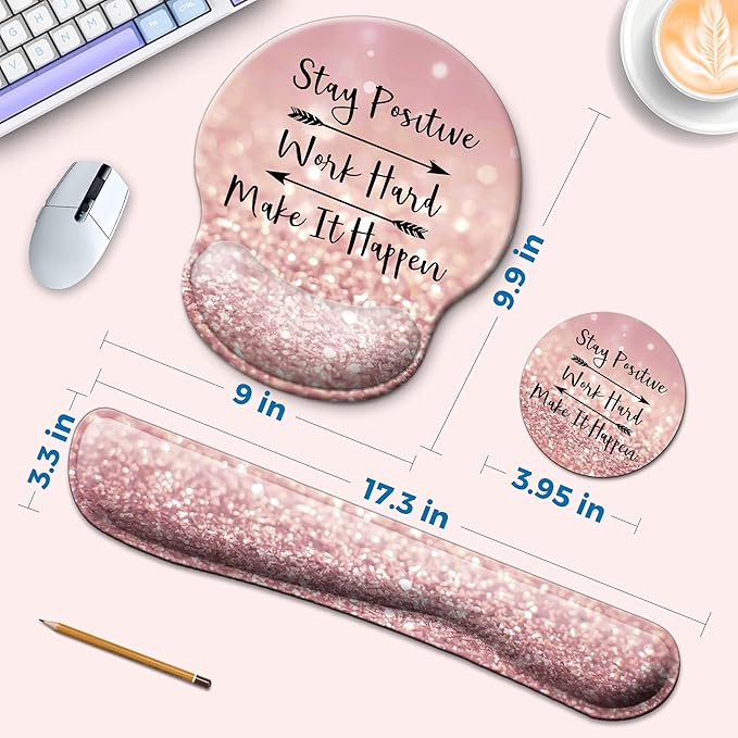 Mouse Pad and Keyboard Wrist Rest Support, with Non-Slip PU Base,Gel Mouse Pad with Coaster,Pain Relief for Gaming, Computer,Office -Pink Positive