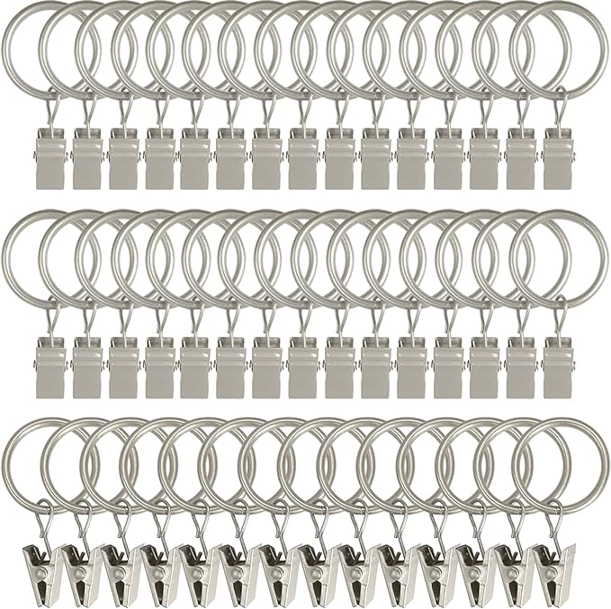LLPJS 44 Pack Curtain Rings with Clips, Curtain Clip Rings Hooks, Bow Hanger Clips for Hanging Drapery Drapes Bows, Ring 1 inch Interior Diameter, Fits up to 5/8" Rod, Matte Silver