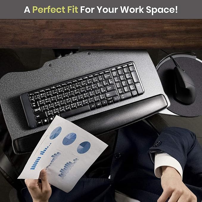Under Desk Keyboard Tray, 20" x 11" Tray, 17.75" Track, One Knob Control, Undermount Sliding Computer Keyboard and Mouse Tray with Wrist Rest, Swivels 360° with Adjustable Height and ±15° Tilt