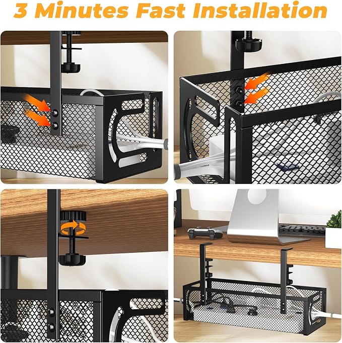 Under Desk Cable Management Tray, 15.7'' No Drill Steel Desk Cable Organizers, Wire Management Tray Cable Management Rack (1 Pack-Black)