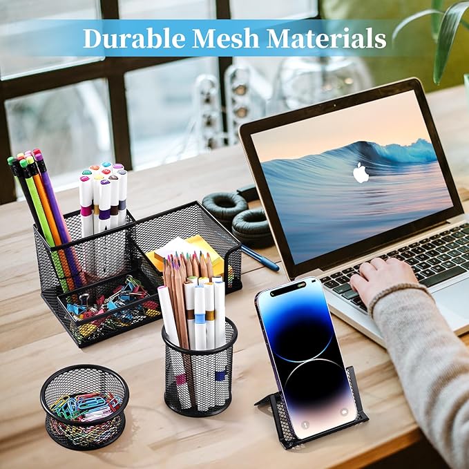 2-Piece Desk Pen & Pencil Organizer - Mesh Metal Pen Cup with Sticky Notes Holder, Black