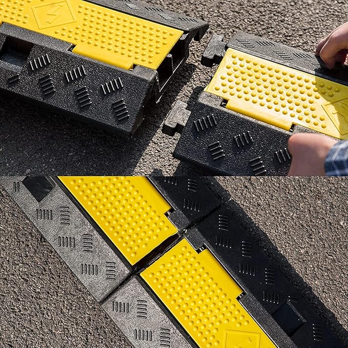 CXRCY Cable Ramp 4 Pack 2 Channel 11000lbs axle Capacity Floor Cable Cord Protector, Black & Yellow Speed Bumps Hose Protector Ramps for Wire/Hose/Pipe Hider Driveway &Outdoor 40x10x2 inch(L x W x H)