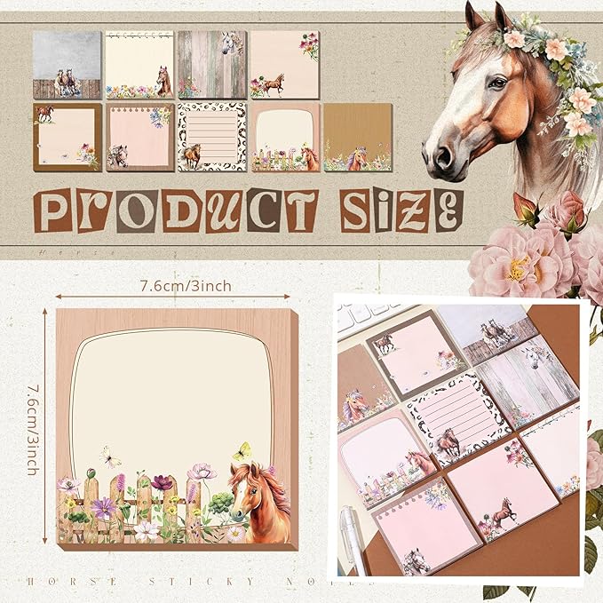 9 Pads Horse Sticky Notes 3x3 Inch Cute Self Stick Notepads Notes Adhesive Memo Pad Office Decor Gifts for Students School Teacher Meeting Office Supplies