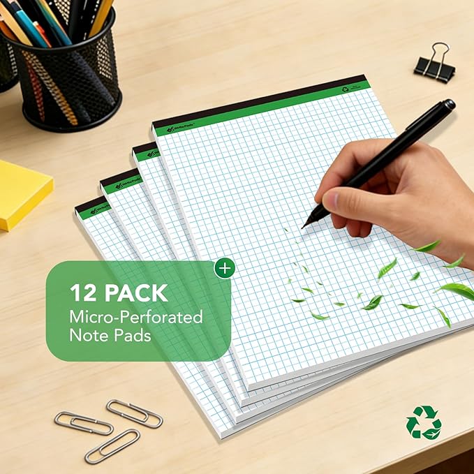 KAISA Graph Paper Legal Pads Writing Pads 600 Sheets Recycled Paper 8.5"x11.75" Quad Ruled 4x4 Perforated 50sheets/pad Grid Paper Notepads Writing Tablet White For Office Supplies (White 6pad, 8.5x11.75'')