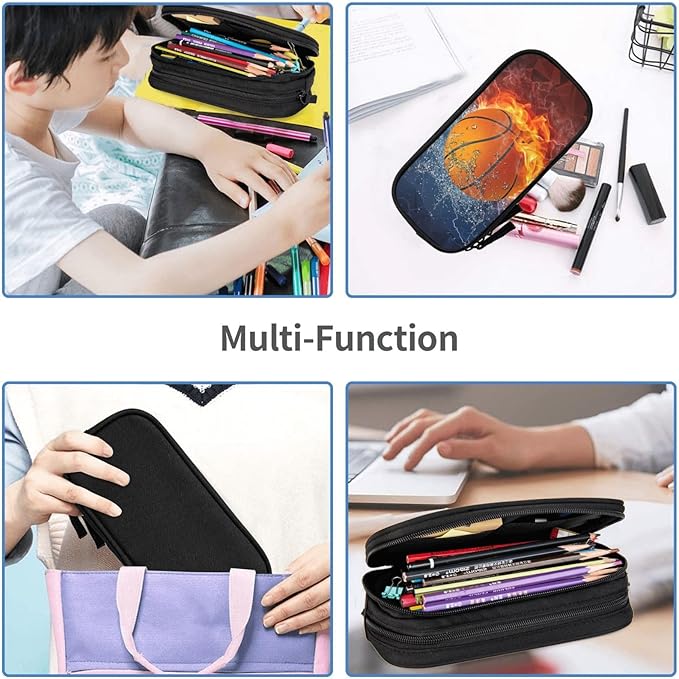 Basketball Pencil Case for Boys, Cool Sports Pencil Box with Print Water & Fire Pattern for Kids Teens, Personalized Pencil Holder with Zipper Pen Pouch Desk Organizer Travel Stationery Bag