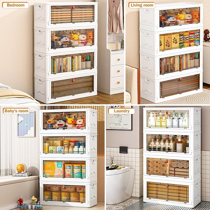 4 Tier Storage Bins with Lids 102QT - Stackable Containers with Wheels, Folding Boxes, Set of 25