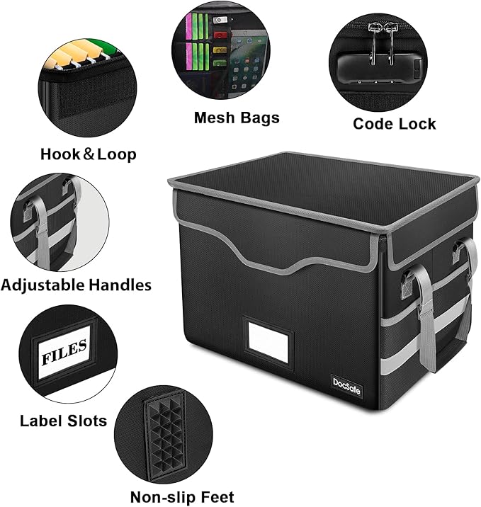 DocSafe Fireproof Document Box with Lock, File Storage Organizer with Mesh Pockets, Collapsible Portable File Box Home Office Safe Filing Cabinet with Handle for Hanging Letter/Legal Folder, Black
