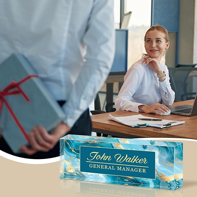 Personalized Name Plate for Desk, Custom Acrylic Desk Name Sign, Office Appreciation Gifts for Women Men Coworkers Boss Teacher Employee (Blue Marble)