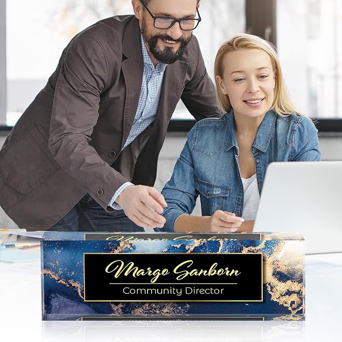 Personalized Name Plate for Desk Custom Acrylic Desk Name Plate Custom Employee Appreciation Gifts Office Gifts for Women, Men, Boss, Coworkers, Teacher, Nurse (A-Blue Marble)