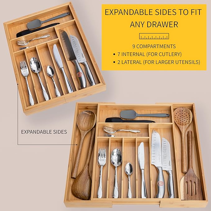 Cutlery Drawer Organizer for Kitchen Utensils, 13-20 Inches Expandable Bamboo Utensil Tray, Large Wooden Silverware Organizer Insert for Kitchen Drawers