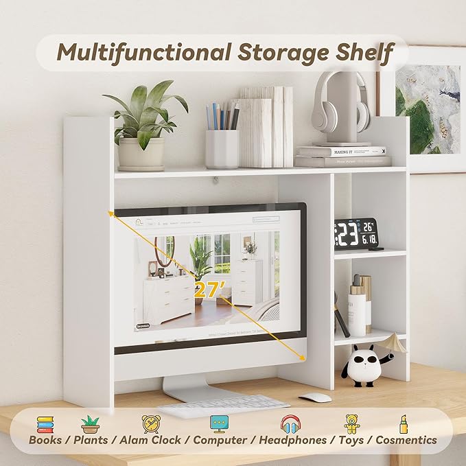 Desktop Bookshelf, 4 Tier Wooden Desk Storage Hutch, 37.4'' Desk Shelf Organizer with 3 Shelves, Small Bookshelf Storage Shelves, Display Shelf for Top of Desk, College Dorm, Office, Home